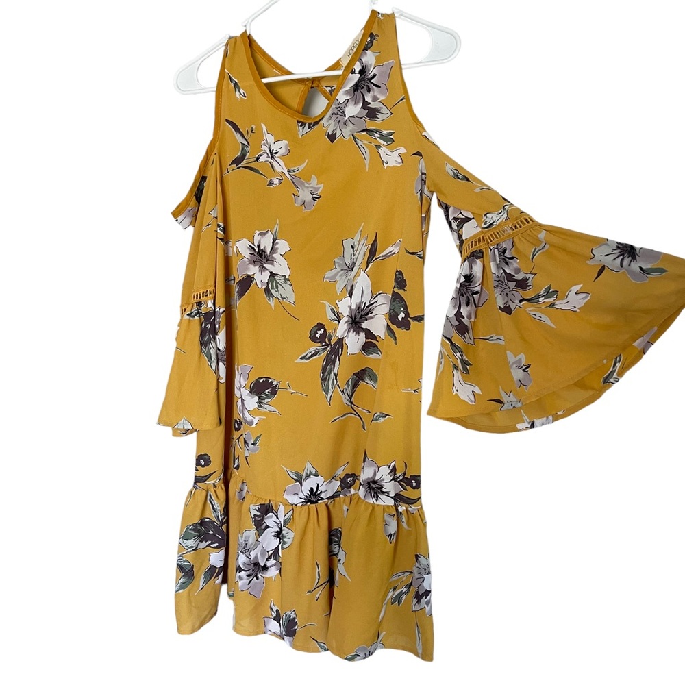 Hopely floral bell sleeve shift dress cold shoulder mustard yellow sz S